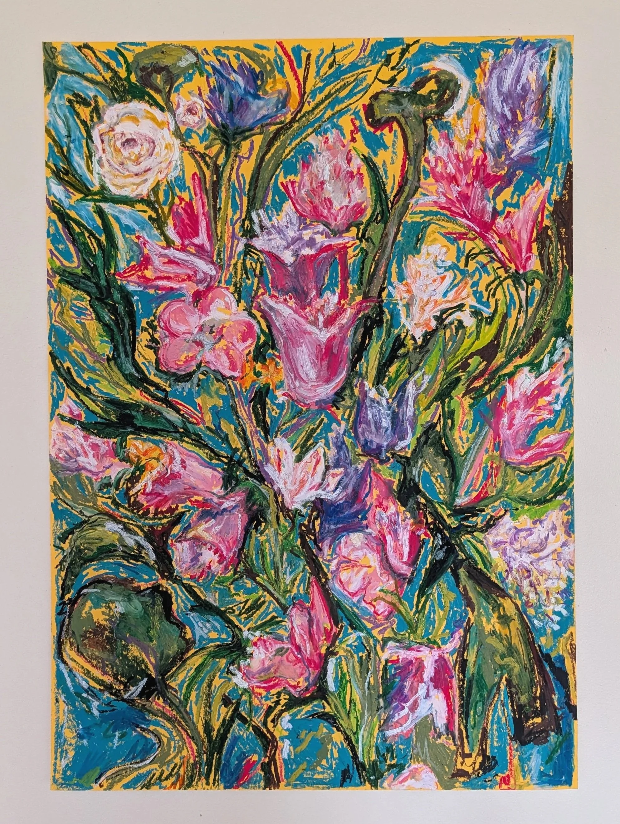 A vibrant abstract floral painting featuring various colorful flowers with bold black outlines, set against a bright yellow background, created with expressive brushstrokes.