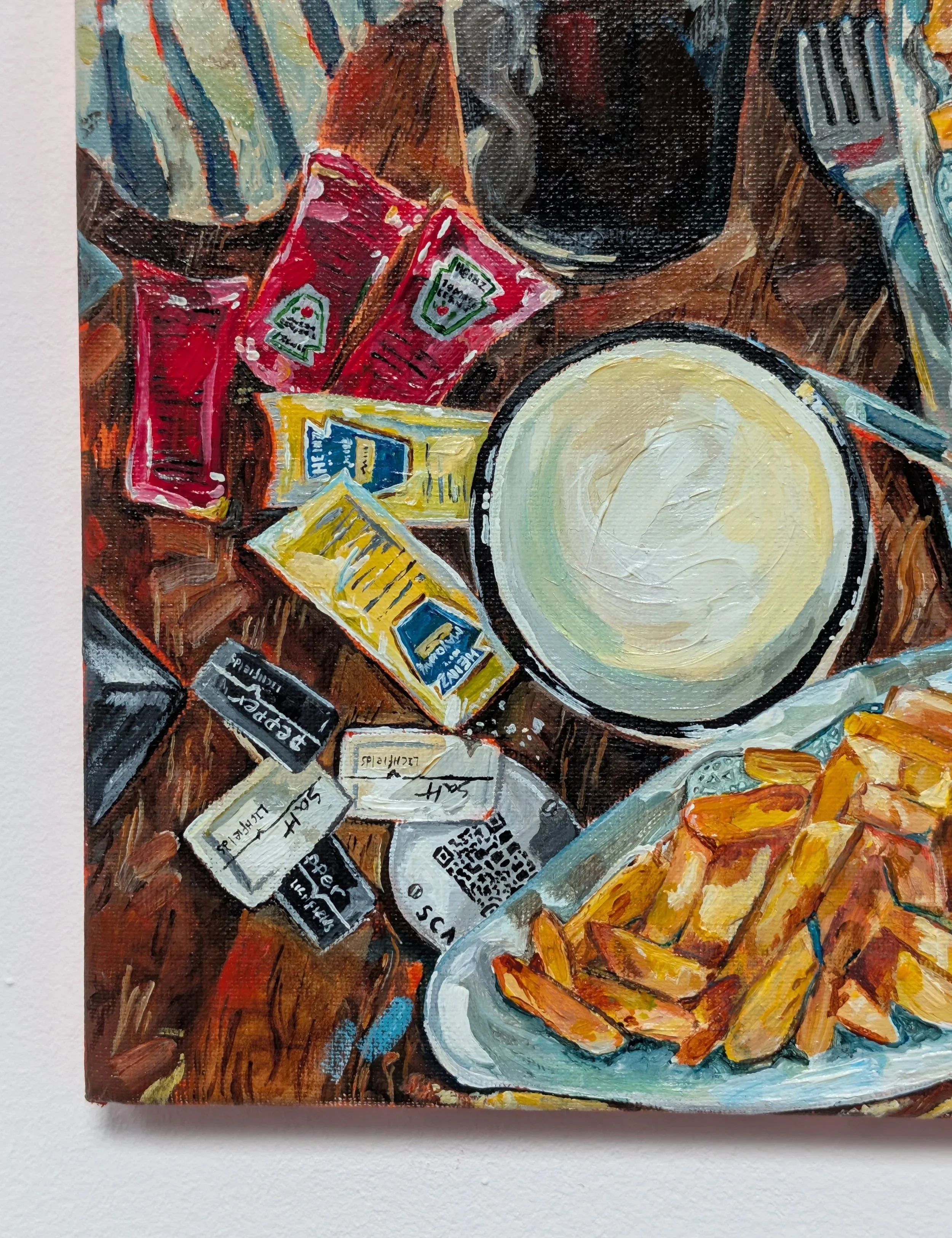 A still life scene painted in a textured, impressionistic style, featuring a black coffee mug, a bowl of cereal with some broken cereal pieces on a plate, packets of snack foods, and a spoon on a wooden surface.