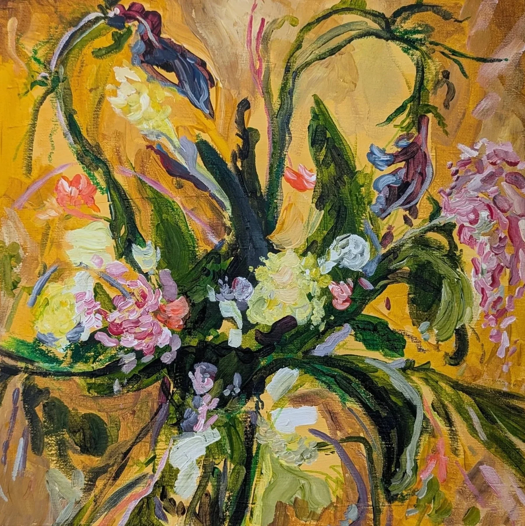 Abstract floral painting with vibrant yellow, pink, green, and blue strokes on a textured orange background.