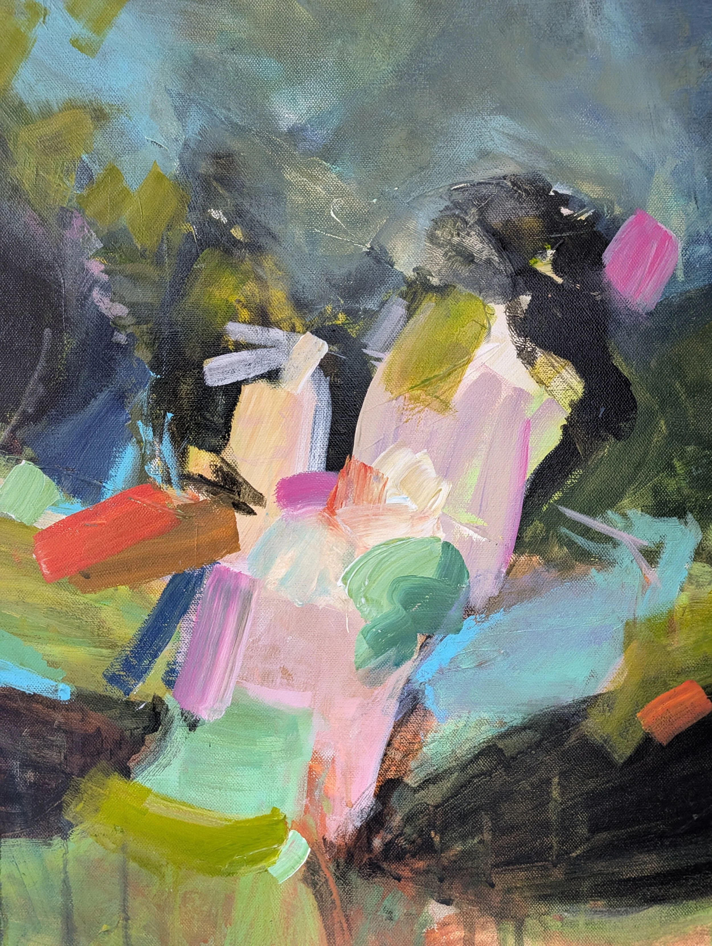 Abstract colorful painting with brushstrokes of pink, green, blue, orange, black, and gray, creating a vibrant, textured composition.