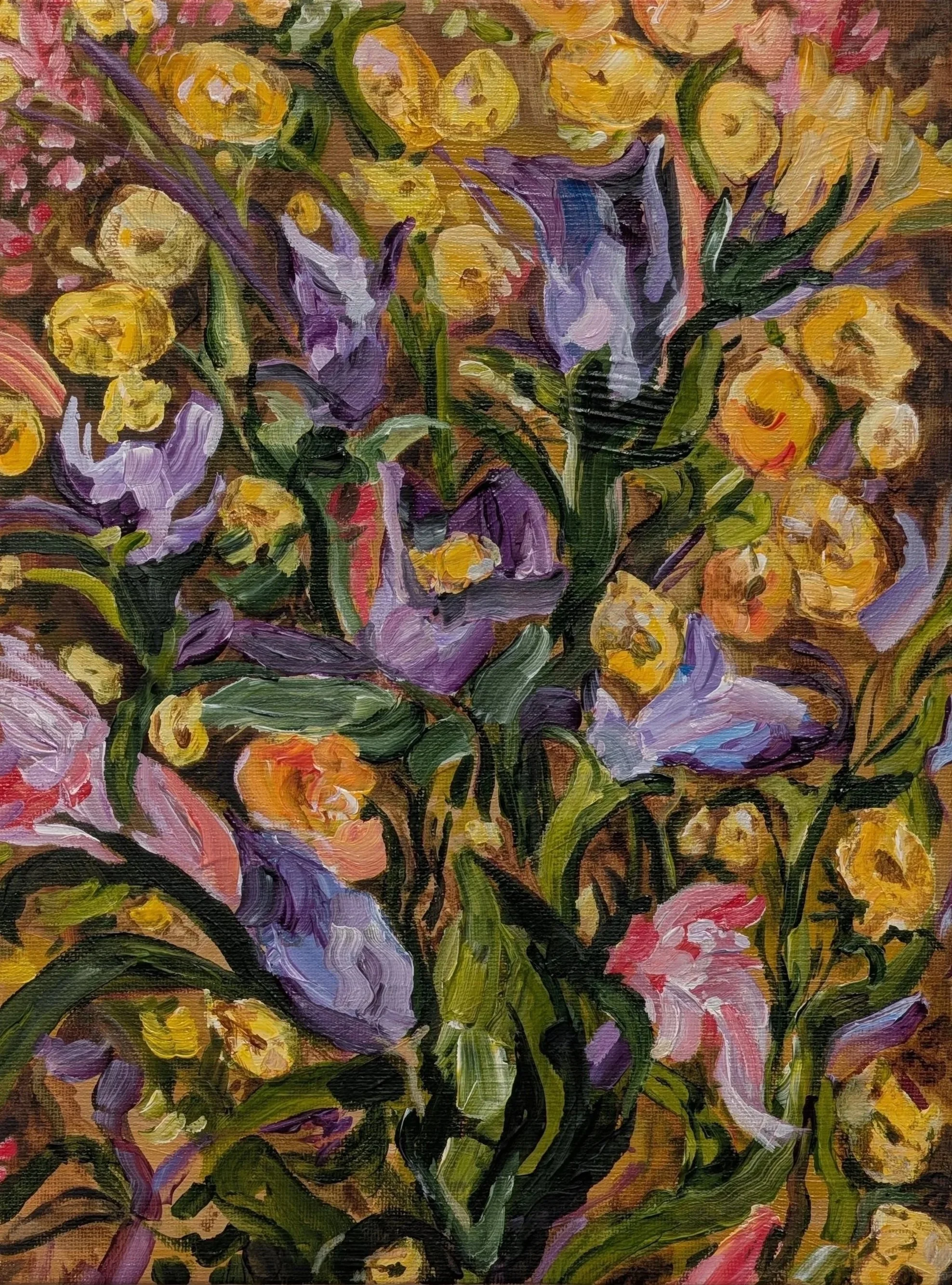 A vibrant, impressionistic painting of a mixed bouquet of flowers, including yellow, purple, pink, and green flowers with bold, expressive brushstrokes.