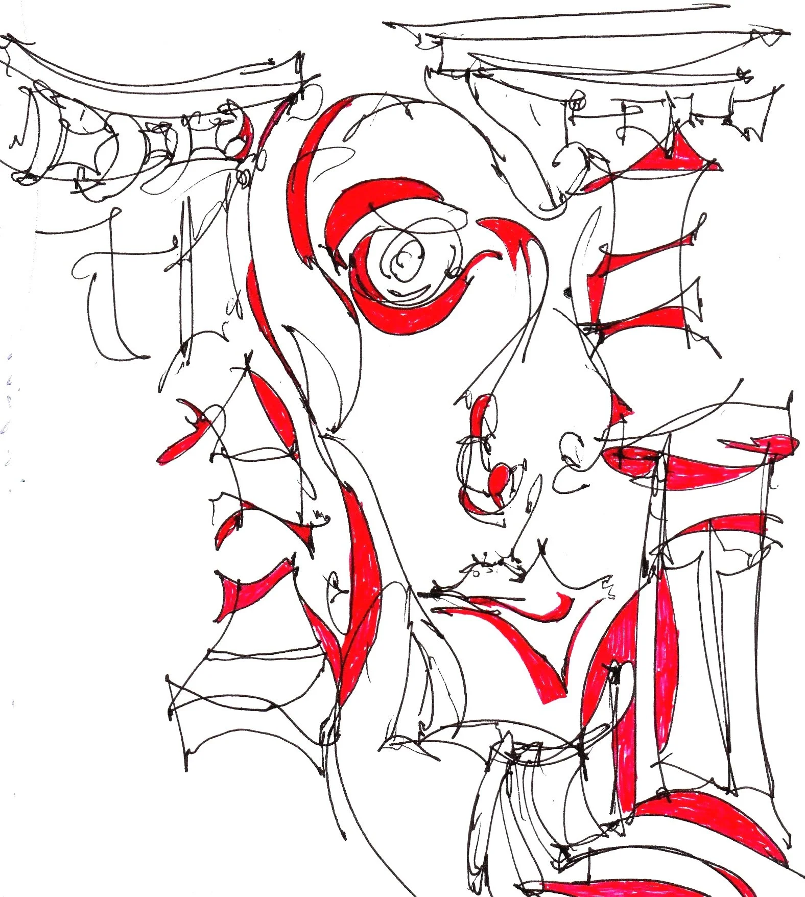 Abstract sketch of a woman's face with red and black lines. The design includes various swirling and curved shapes, with red accents highlighting parts of the face and surrounding elements.