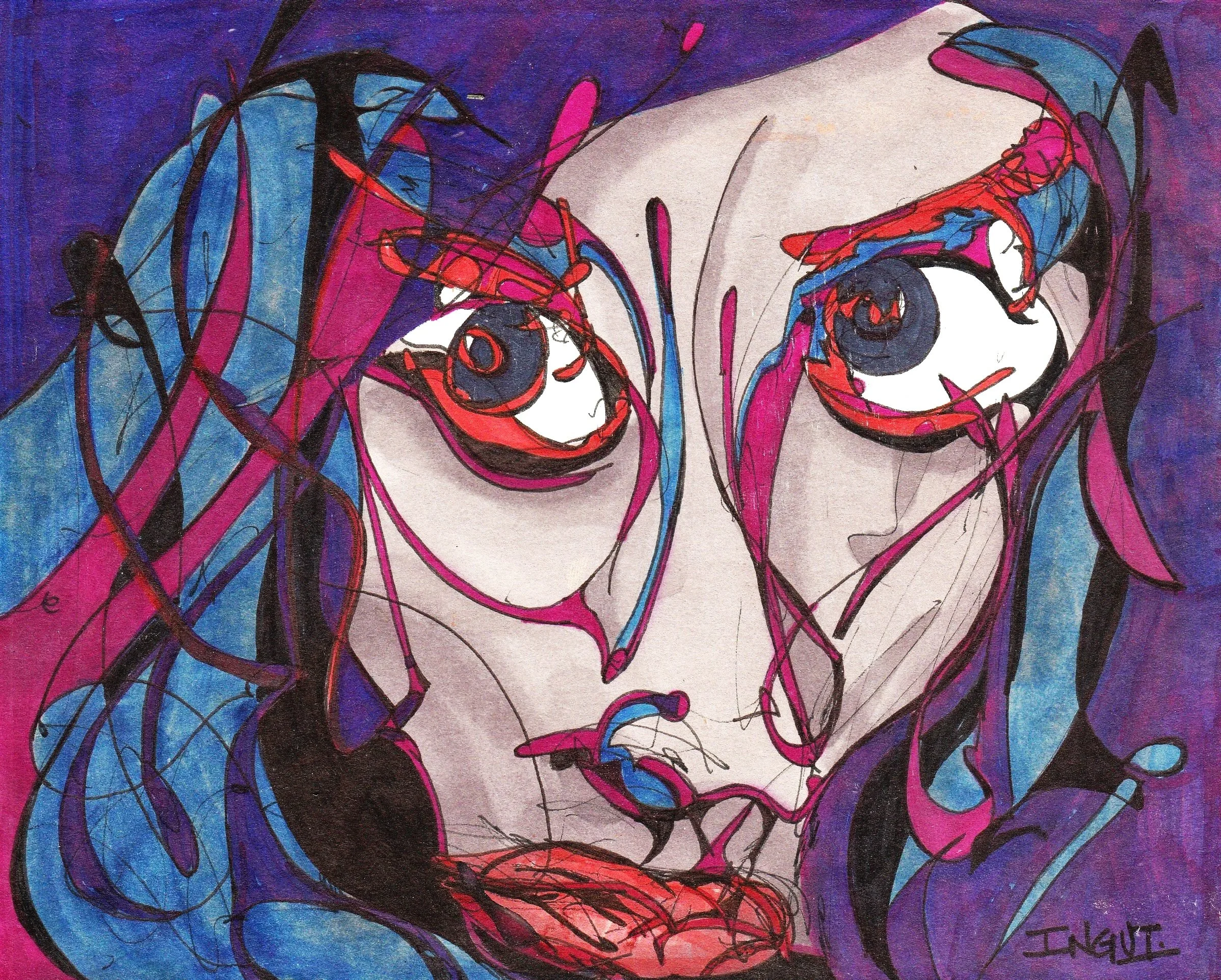 Colorful abstract artwork of two faces with one face featuring white skin, prominent eye, and red lips, surrounded by blue, pink, and black lines.