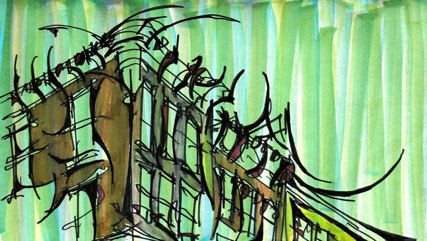 An abstract artistic depiction of a multi-layered green background with black ink sketch of an outdoor structure or building with poles and wire, rendered in a loose, expressive style.