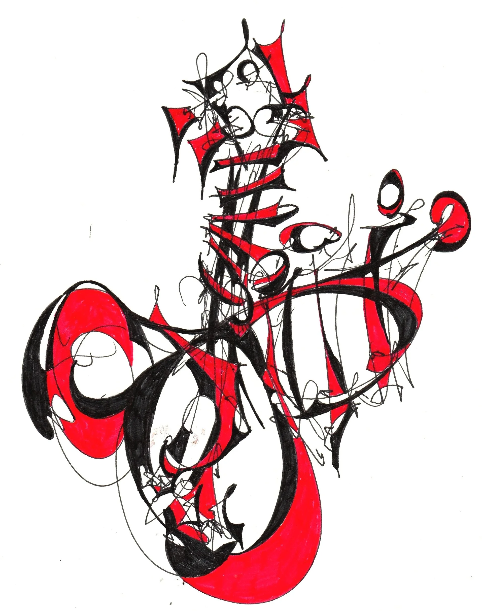 A sketch of a motorcycle with abstract black lines and bold red accents on the body, wheels, and seat, on a white background.