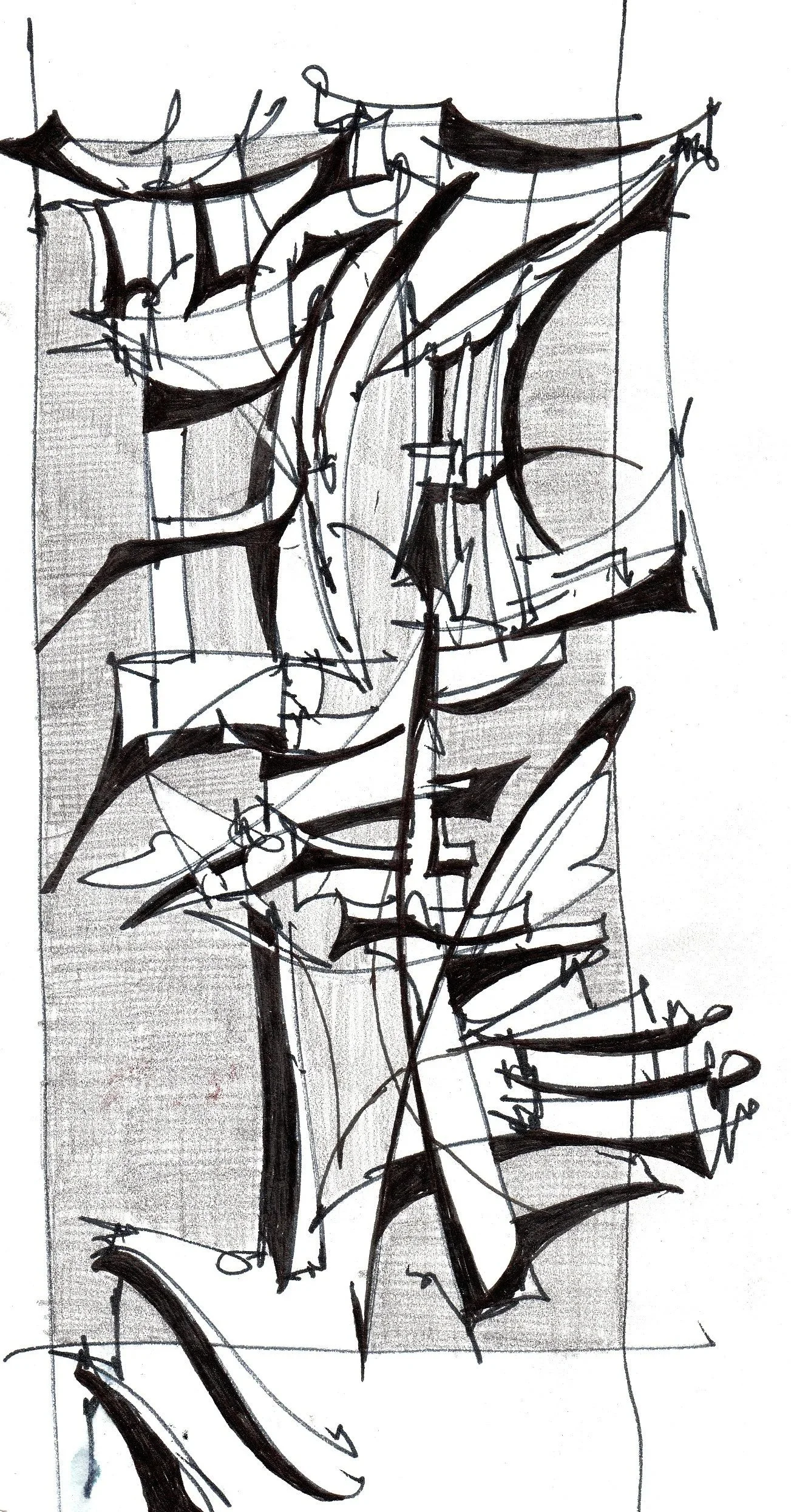 Abstract black ink sketch on paper with dynamic, overlapping lines and shapes.