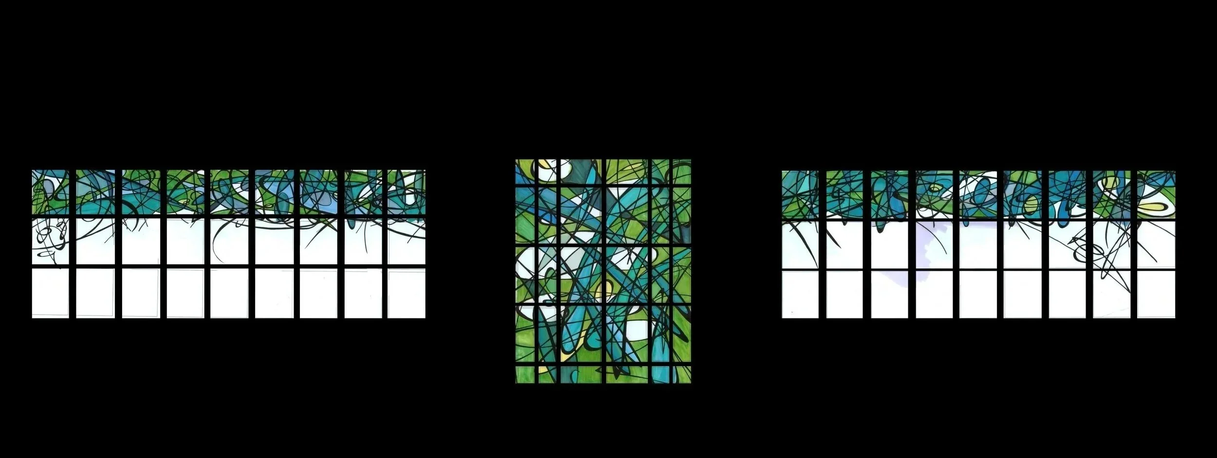 Colorful stained glass window with abstract design featuring green, blue, and black lines.