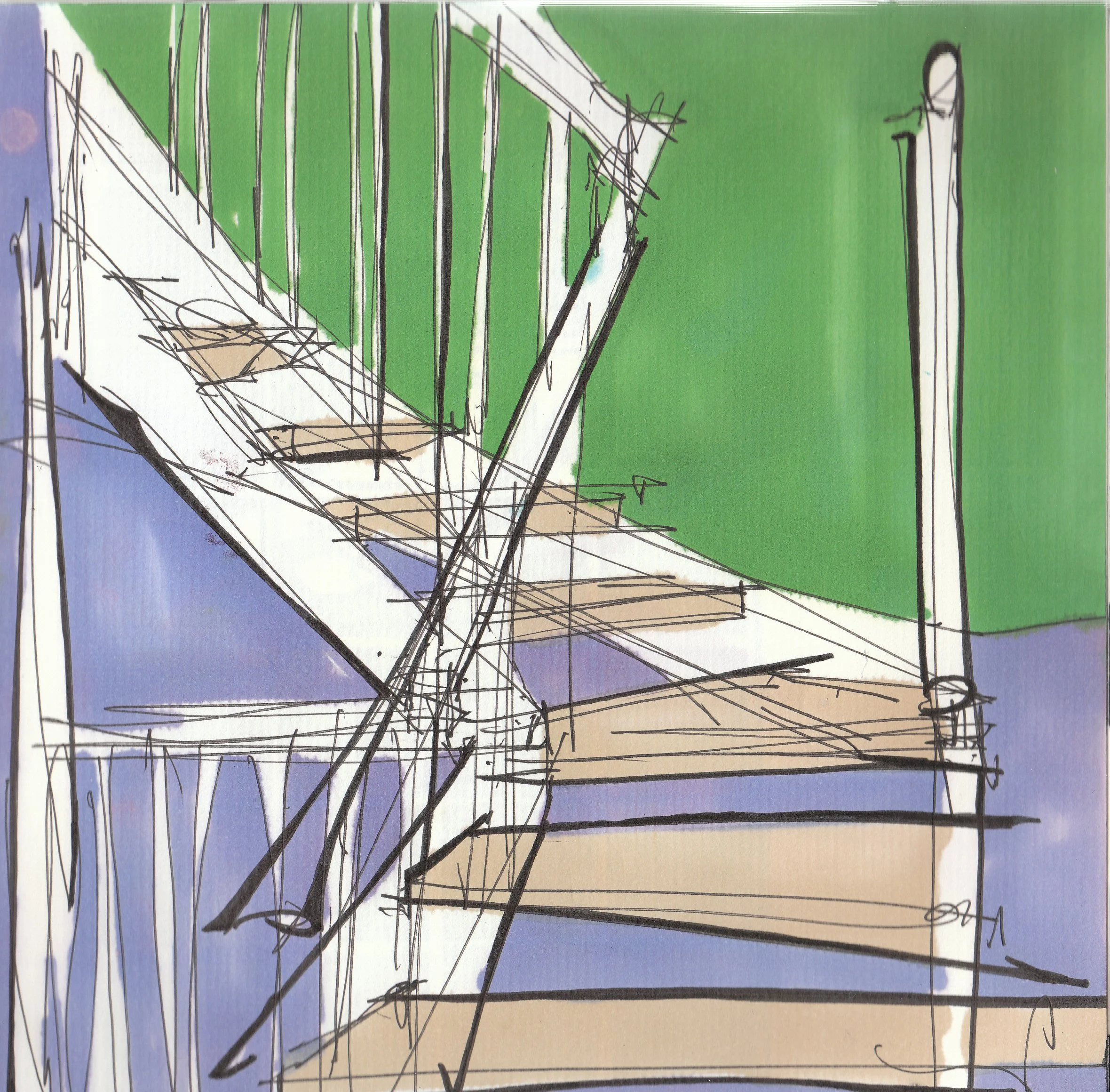 An abstract drawing of a staircase with black lines against a background of blue, purple, green, yellow, and white colors.