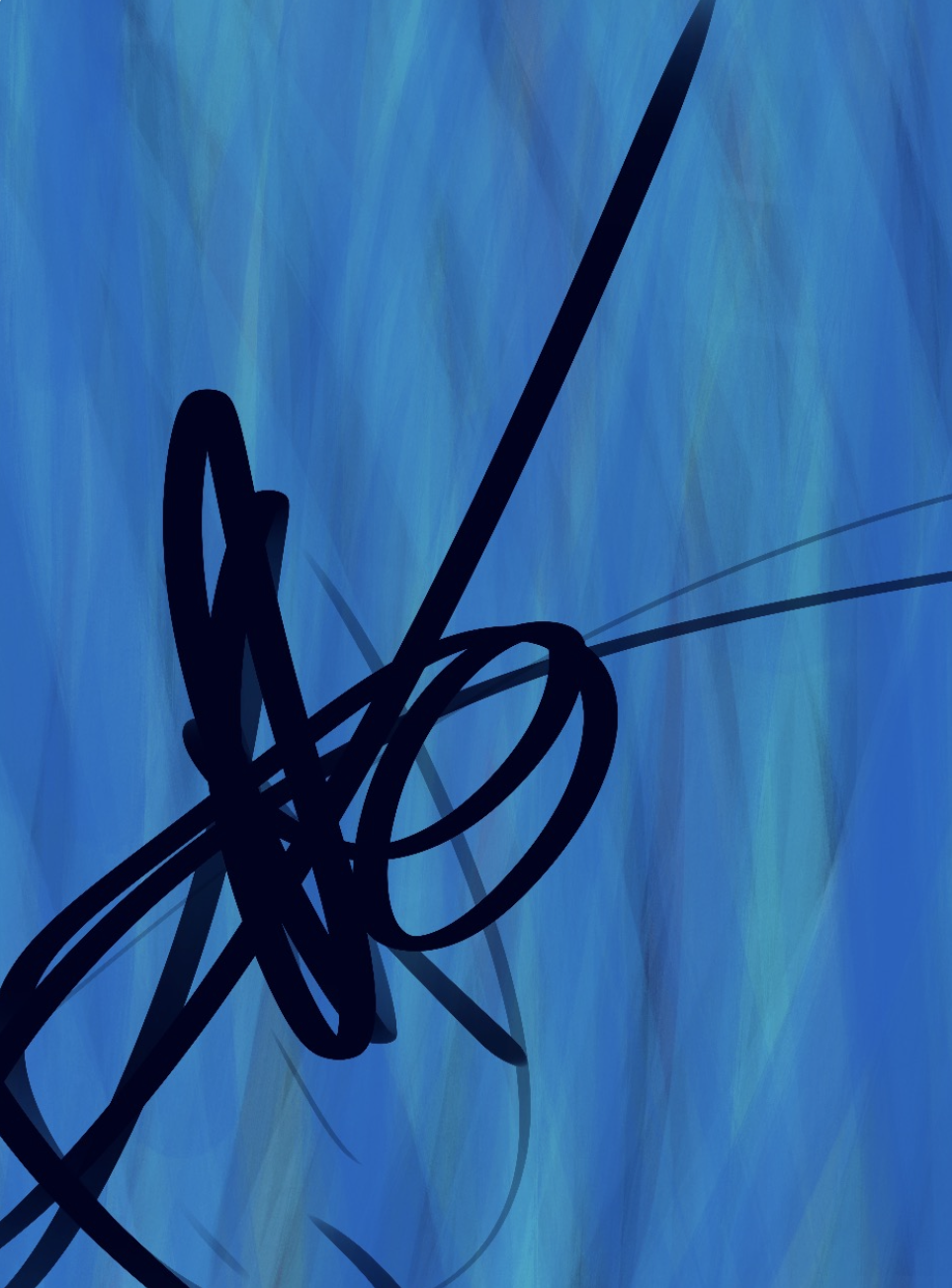 Abstract digital artwork with a blue background and black scribbles.