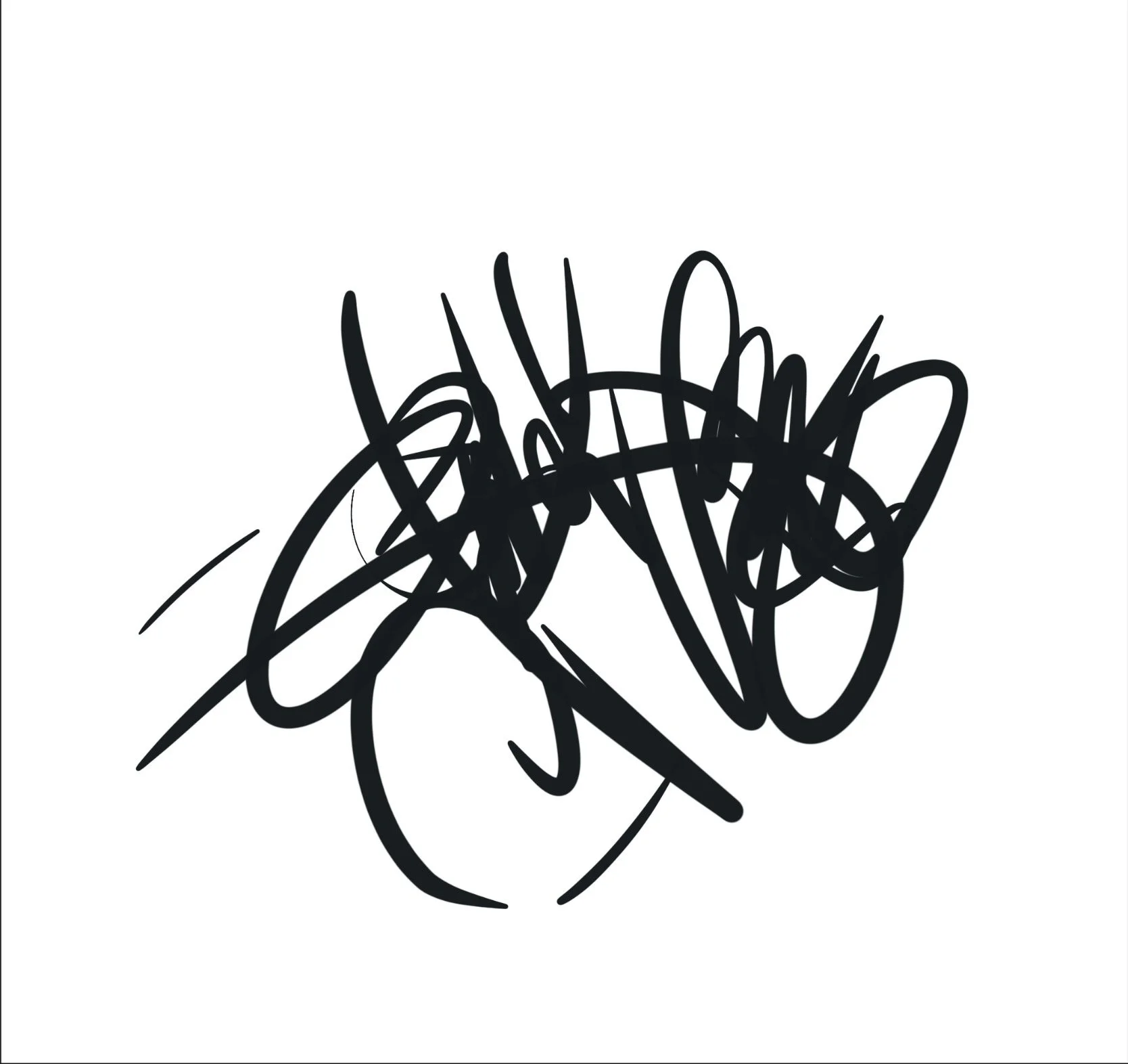 Black abstract scribbles on a white background.