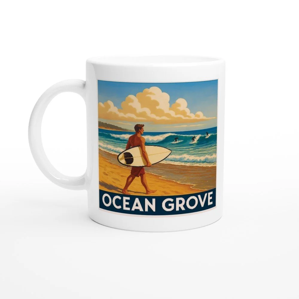 Ocean Grove Ceramic Coffee Mug – Unique Bellarine Tide Design for Beach Lovers