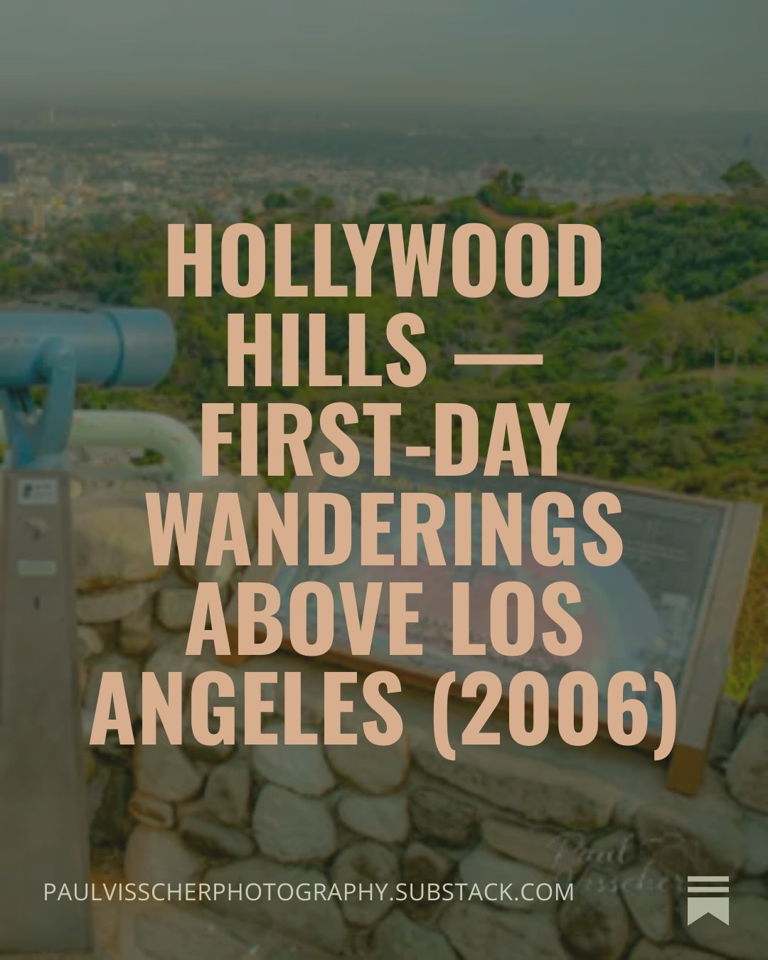 Overlooking the Hollywood Hills in Los Angeles, California, with a stone observation point and a landscape view of the city in the background.