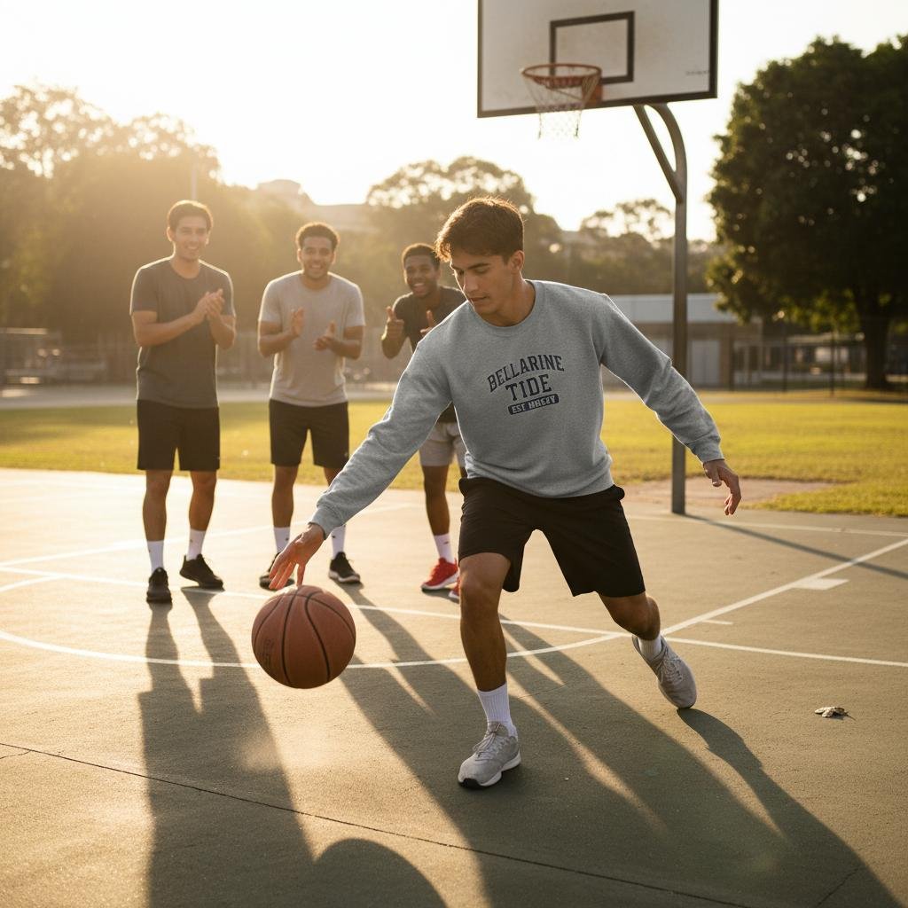 A group of four young men playing basketball outdoors on a court during sunset. One player is dribbling the ball while the others watch and cheer. The player at the centre of this image wears a Bellarine Tide College design on his sweater.