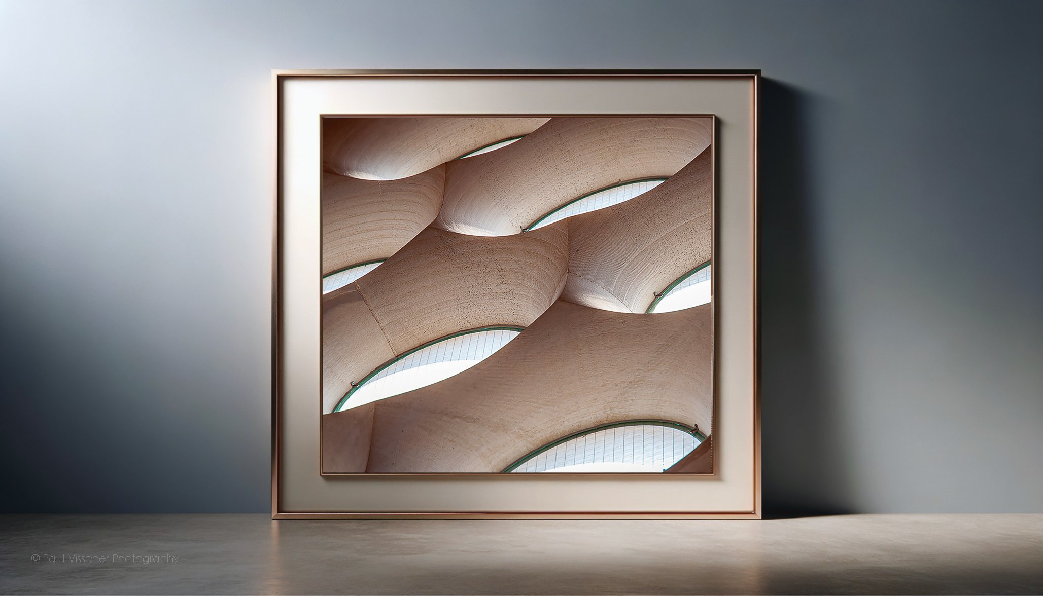 A framed photograph of skylight geometry inside La Sagrada Família, Barcelona - Spain. Original photo by Paul Visscher Photography.