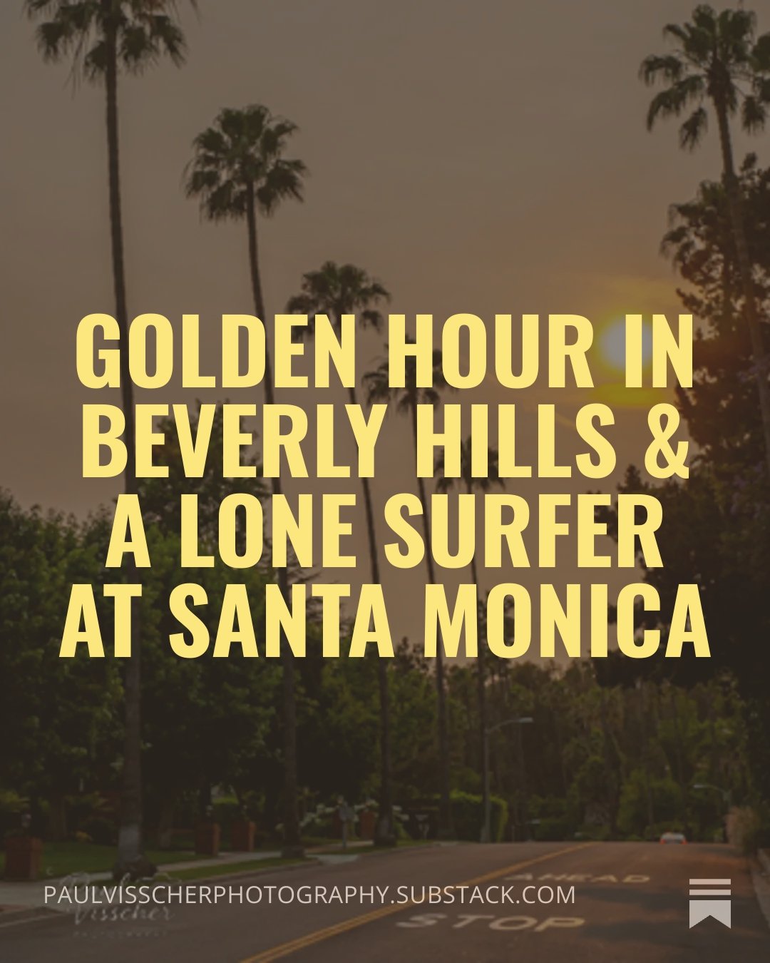 A sunset or sunrise scene in Beverly Hills with palm trees, overlaid with text about a surfing experience in Santa Monica.