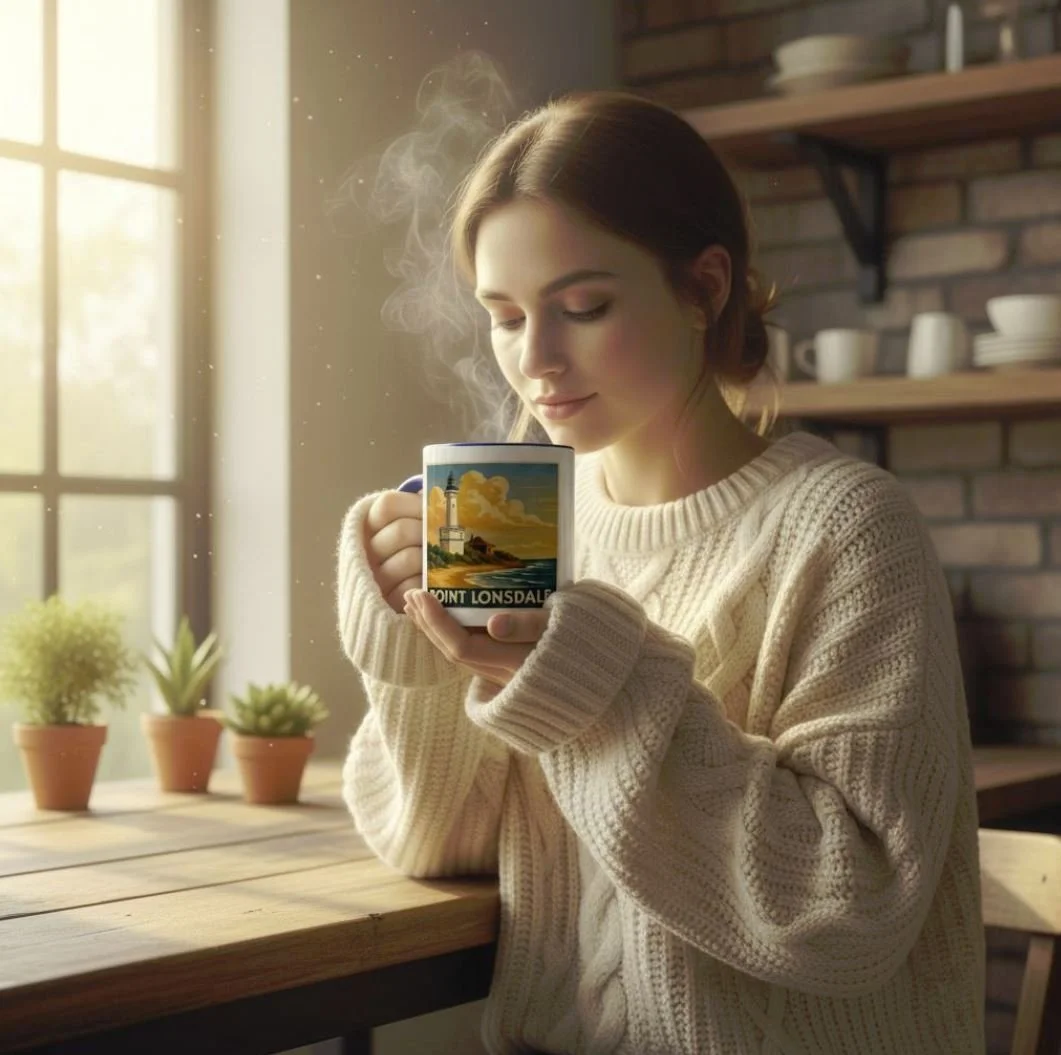 A woman in a cream-colored sweater holding a steaming mug with a Point Lonsdale lighthouse scene, sitting in a cozy kitchen with potted plants on a wooden table, warm sunlight streaming through a window.