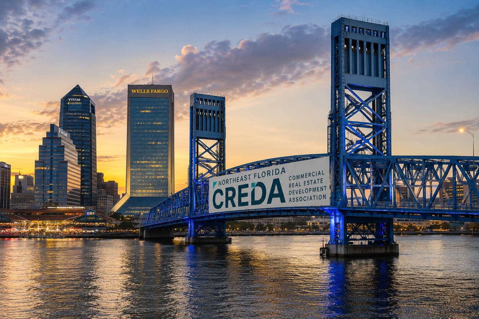 A city skyline at sunset with tall buildings, including Wells Fargo and VYSTAR, seen from across a river. A blue bridge with a sign for Northeast Florida CREDA is in the foreground.