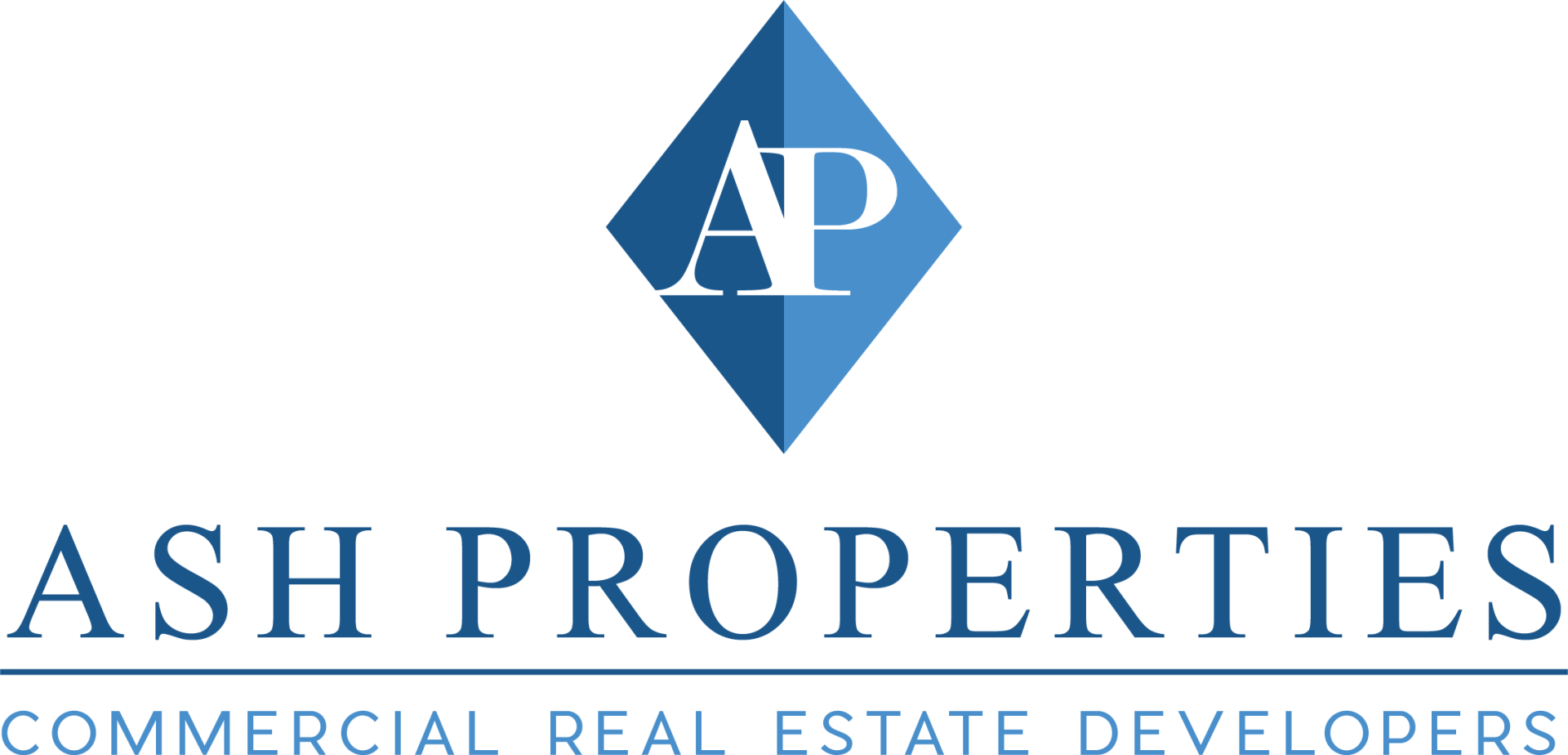 Logo of Ash Properties, a blue diamond shape with the letters AP inside, with company name and tagline in blue text.