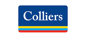 Logo of Colliers, a real estate services and investment management firm, featuring the company name in white text on a blue background with three colored lines below.