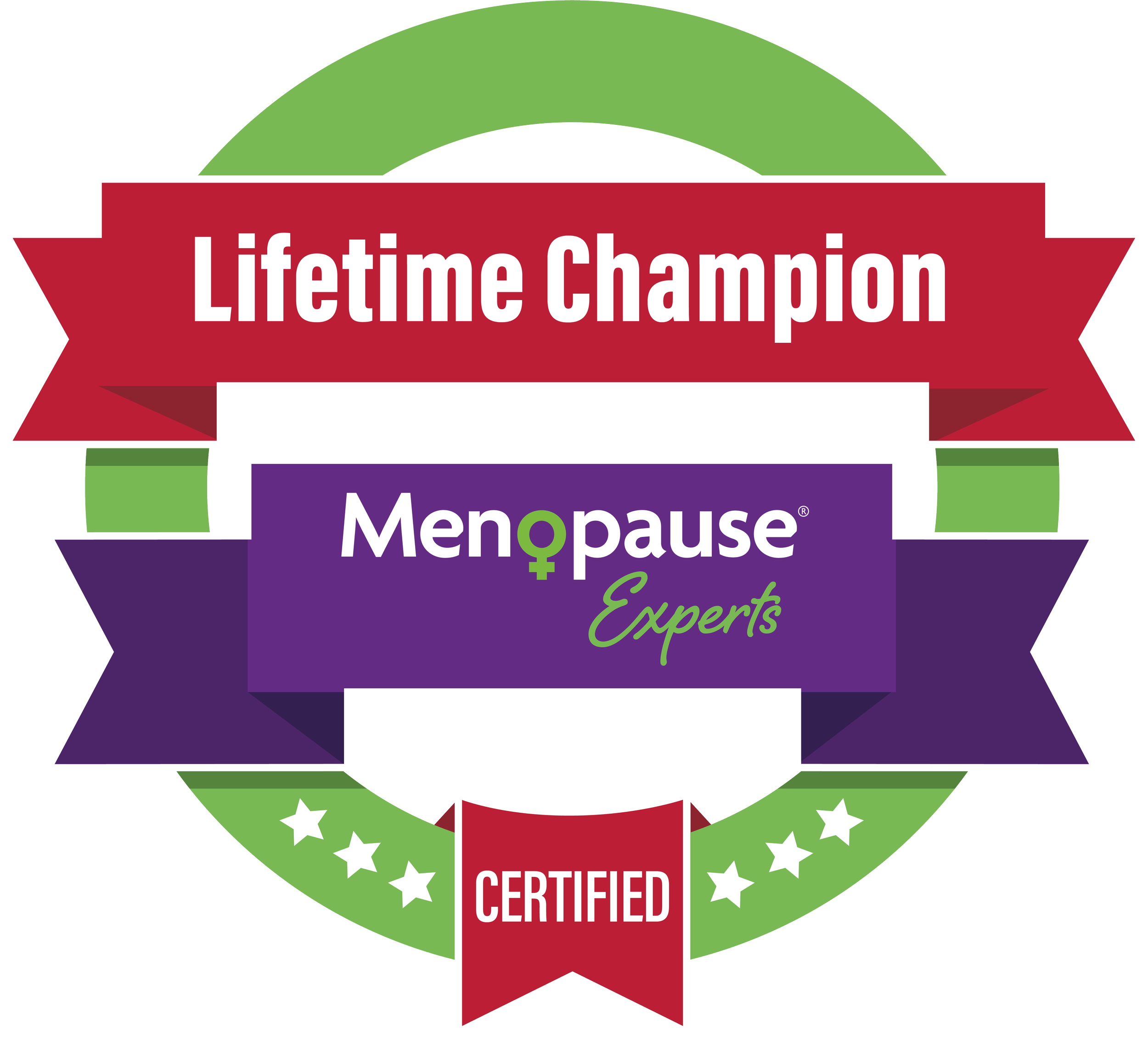 A badge with the words 'Lifet ime Champion' in a red banner, a purple section with 'Menopause Experts', and a lower red banner with 'Certified' surrounded by stars and a green circular border.