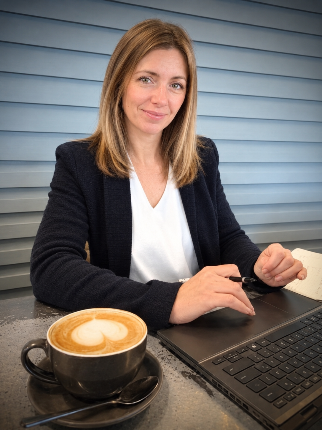 A woman with brown hair, wearing a black blazer and white shirt, sitting at a table with a laptop, notebook, pen, and a cup of latte with latte art.