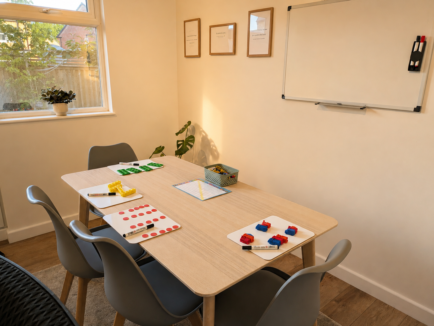 A small classroom or meeting room with a rectangular wooden table surrounded by four gray chairs. The table has game pieces, dry erase markers, and laminated game boards, including a tic-tac-toe grid, checkers, and dots. There is a whiteboard on the wall, four framed quotes, a window with a potted plant outside, and a large houseplant inside. The room has wood flooring and daylight coming through the window.