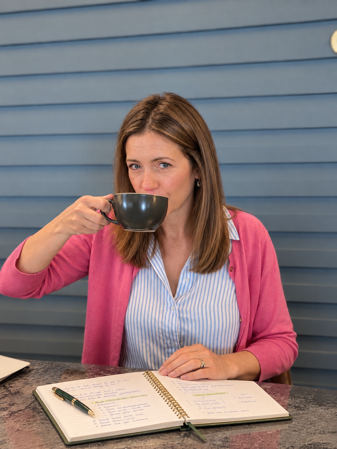 A woman with brown hair wearing a pink cardigan and blue striped shirt is drinking from a black mug while sitting at a table with an open notebook, pen, and paper notes.