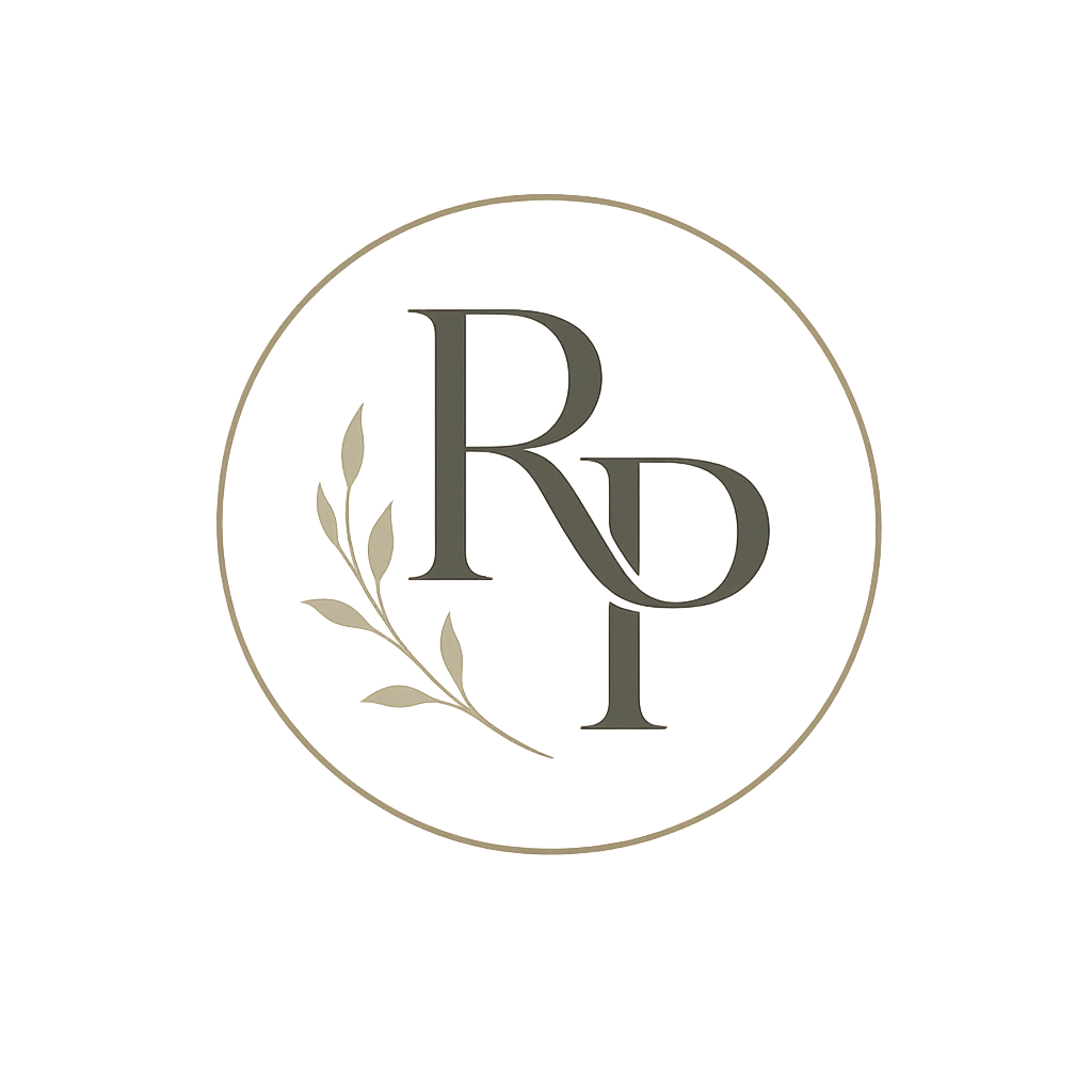 A logo with the initials 'R' and 'P' intertwined inside a circular border with a leaf design, on a gradient background.