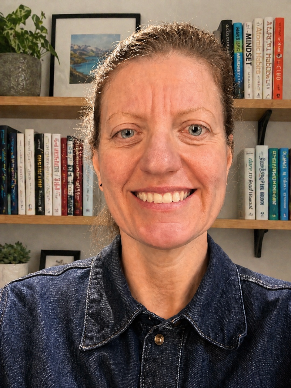 Woman smiling in a setting with bookshelves and plants in the background.