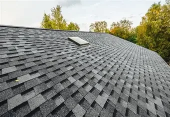 Close-up of a dark gray shingled roof with trees in the background.
