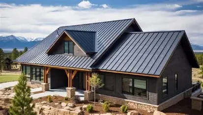 A modern black house with a metal roof and large windows, set in a natural landscape with mountains in the background.