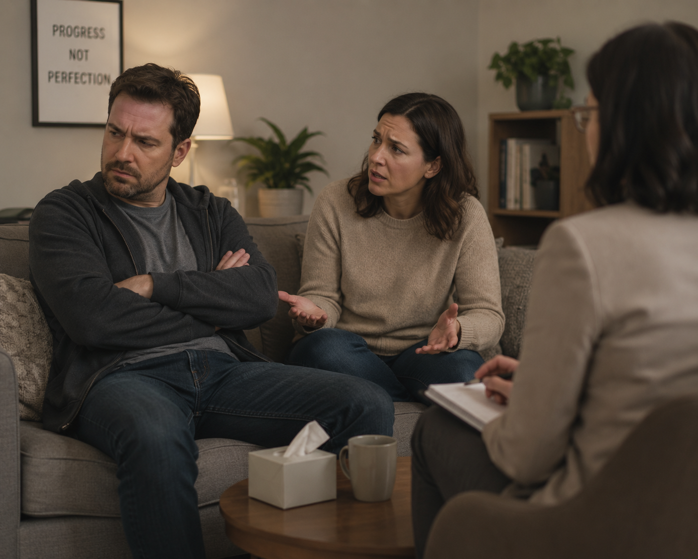 Three people having a serious conversation in a living room, with a framed quote 'Progress Not Perfection' on the wall.