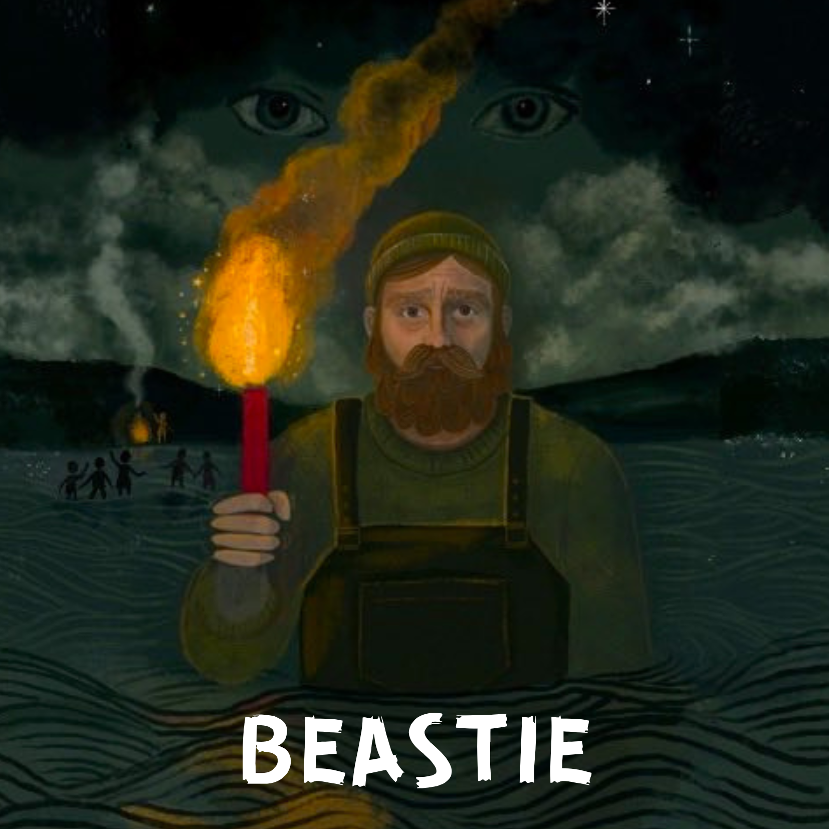 A person with a beard and green beanie is holding a torch in a water environment. Behind them, there are large eyes and a face with stormy clouds and stars in the sky. The text "PRESTIGE BEASTIE" appears at the bottom of the image.
