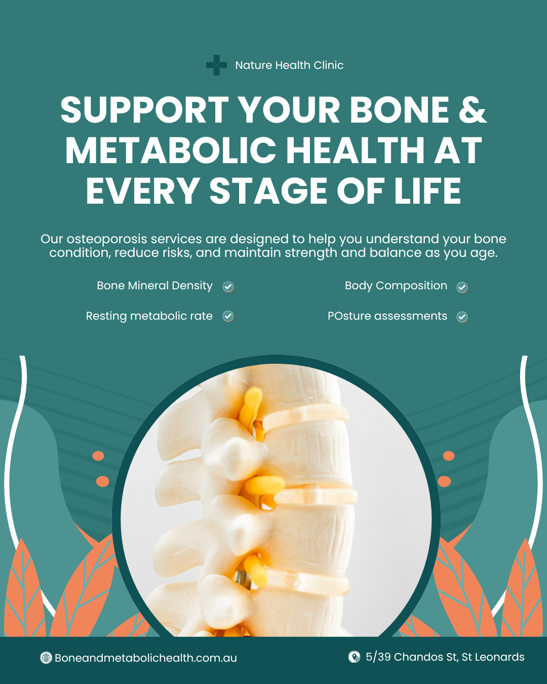 Flyer for Nature Health Clinic promoting bone and metabolic health with a photo of a model of a human spine in the center, decorated with leaves at the bottom.