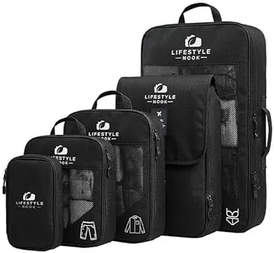 Packing Cubes Set of 5 for Suitcase – Compression Travel Organiser Bags, Space Saving Luggage Organiser with Laundry, Tech & Beauty Bag – Lifestyle Nook (Black)