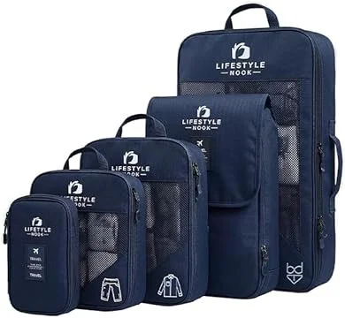 Lifestyle Nook Packing Cubes Set of 5 – Travel Organiser Bags with Tech Pouch & Beauty Bag – Lightweight Oxford Compression Cubes Navy