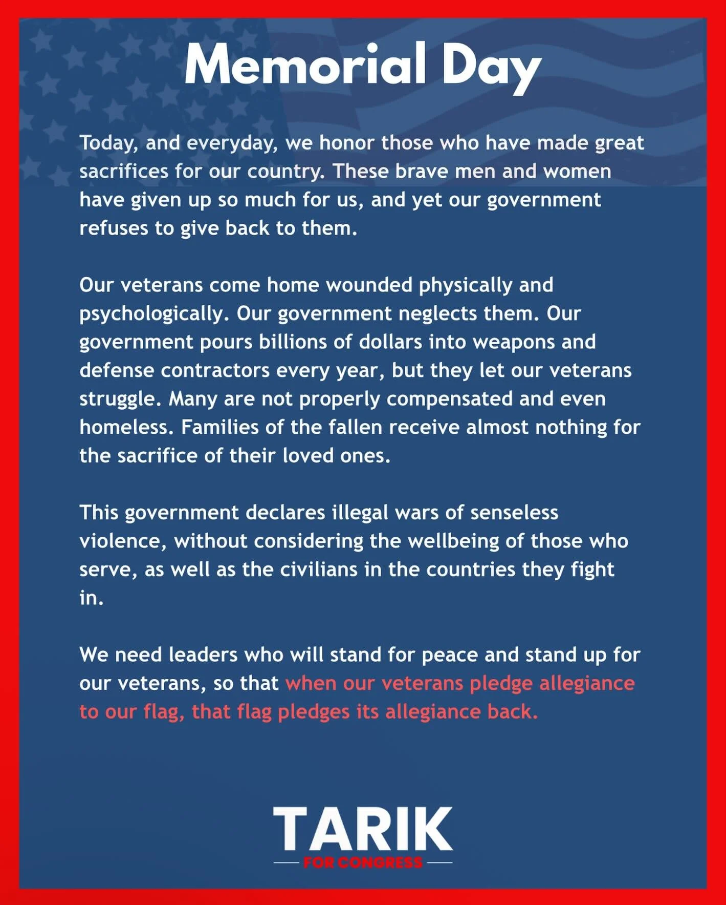Memorial Day is about honoring those who have served our country, as well as celebrating their lives and who they were as individuals. Together, we must create a country that truly honors and respects our veterans.