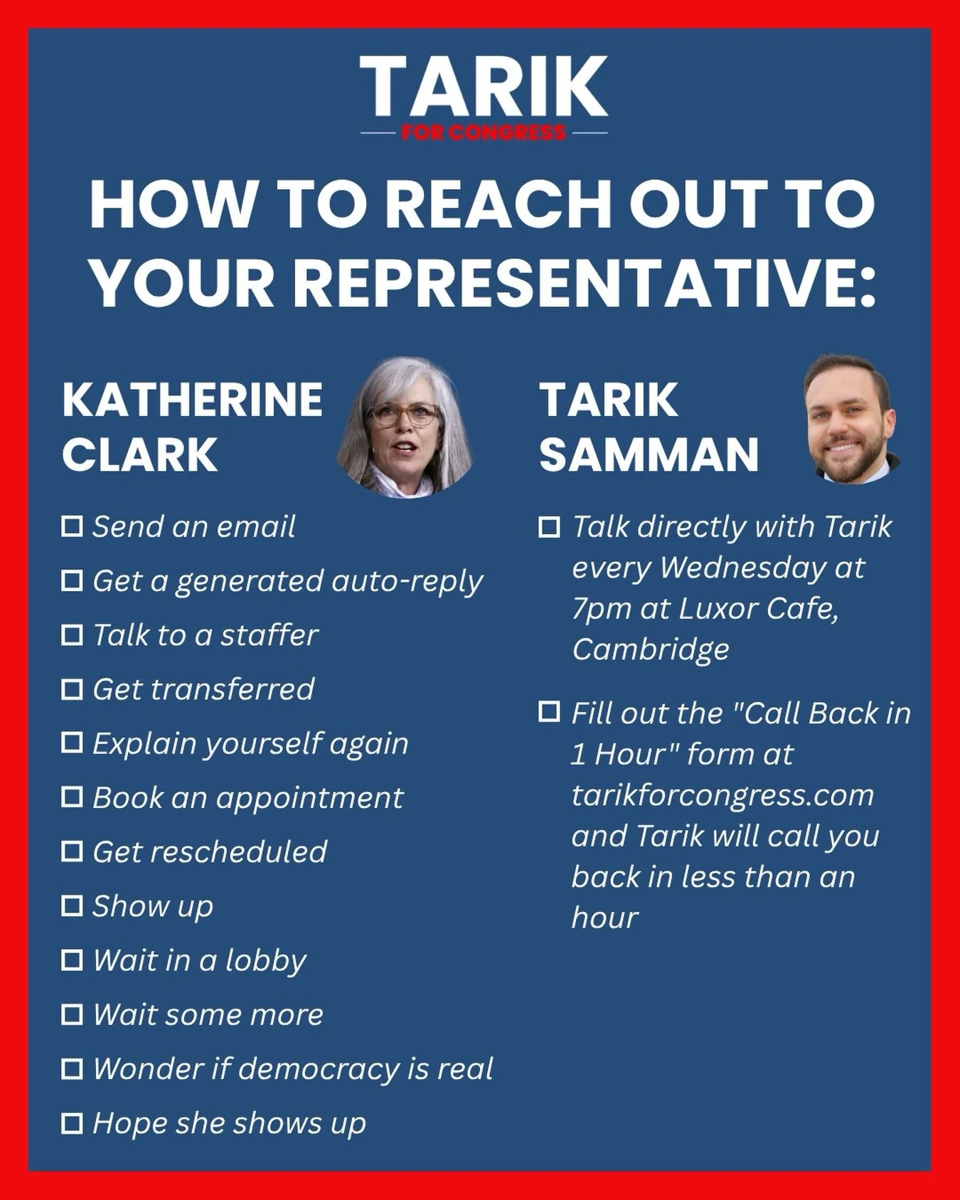 Clark is busy talking to corporate lobbyists. Tarik is busy talking to you. Join us every Wednesday at 7pm at Luxor Cafe, Cambridge.