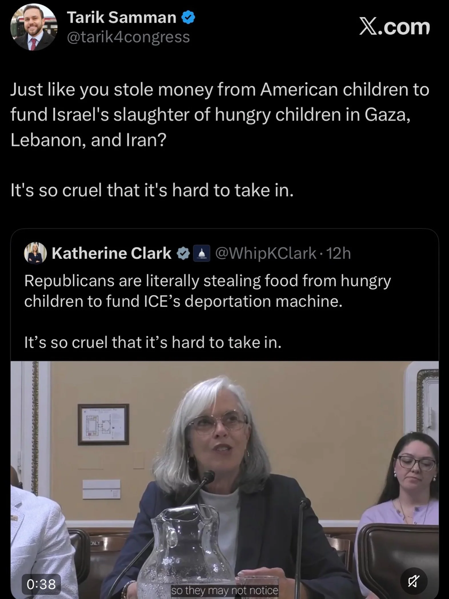 Our children in America could have benefited from the billions you sent to Israel, Rep. Clark.