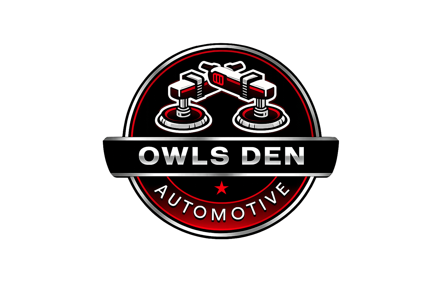 A circular logo with a black background and red and white accents. It features a stylized illustration of a car suspension system at the top. The text "OWLS DEN" is in bold white letters on a black banner across the center. The word "AUTOMOTIVE" appears in white inside a red curved border below the banner.