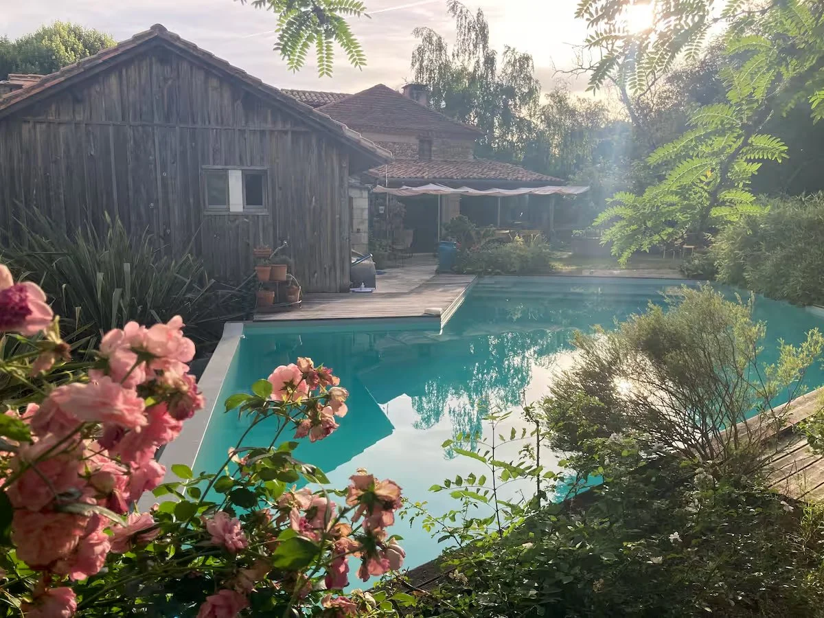 La piscine entourée de verdure et de fleurs