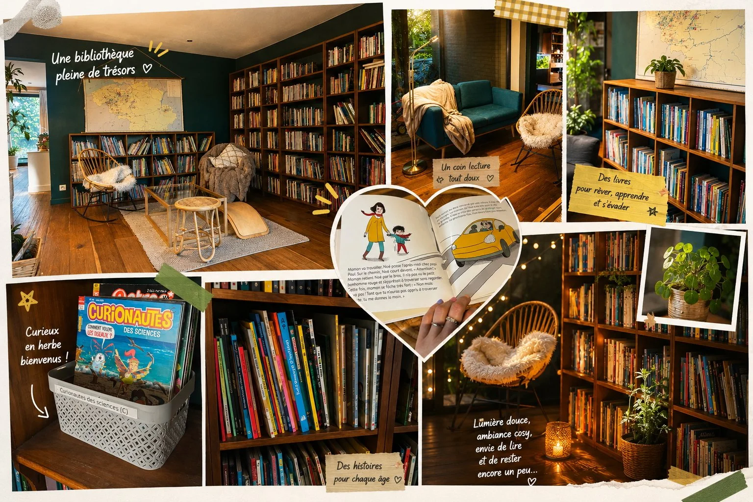 Une grande bibliothèque remplie de bandes dessinées, livres pour enfants, BDs, magazines. Le tout organisé de façon cocoon et Montessori