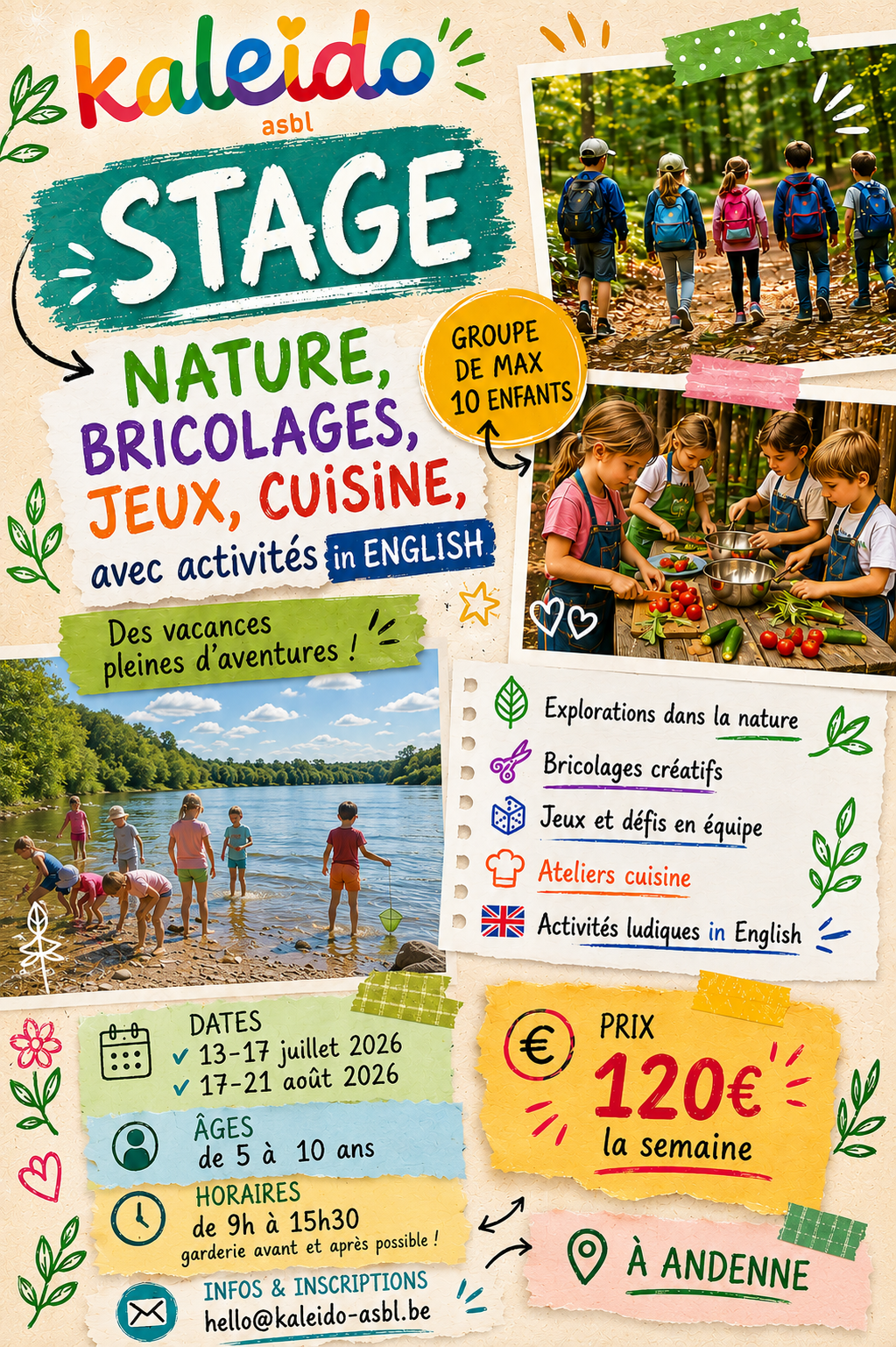 Stages d'été 2026 pour enfants à Andenne, Landenne, nature, bricolage, cuisine, anglais, jeux, activités, vacances