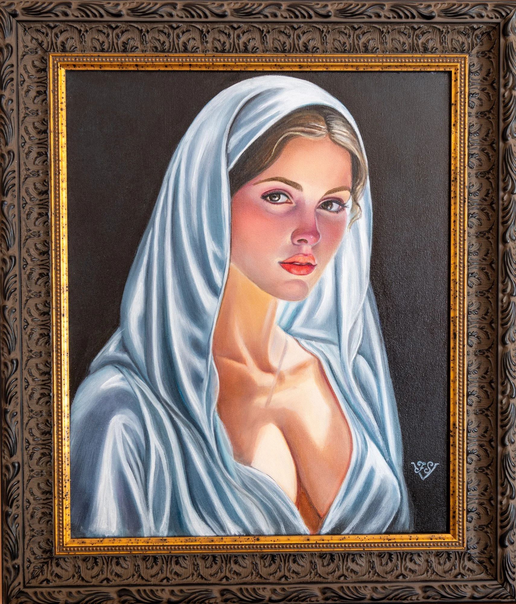 Oil portrait of a woman in a white veil
