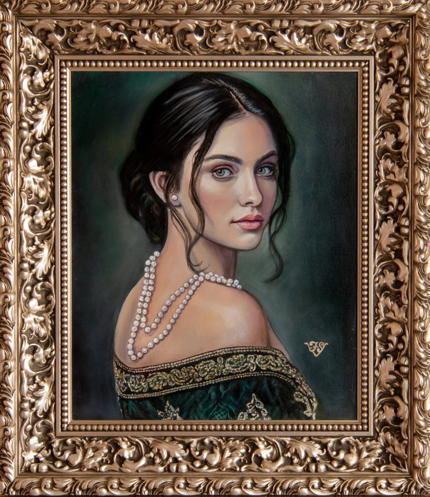 Oil portrait of a dark-haired woman in pearls and an emerald dress, in an ornate gold frame
