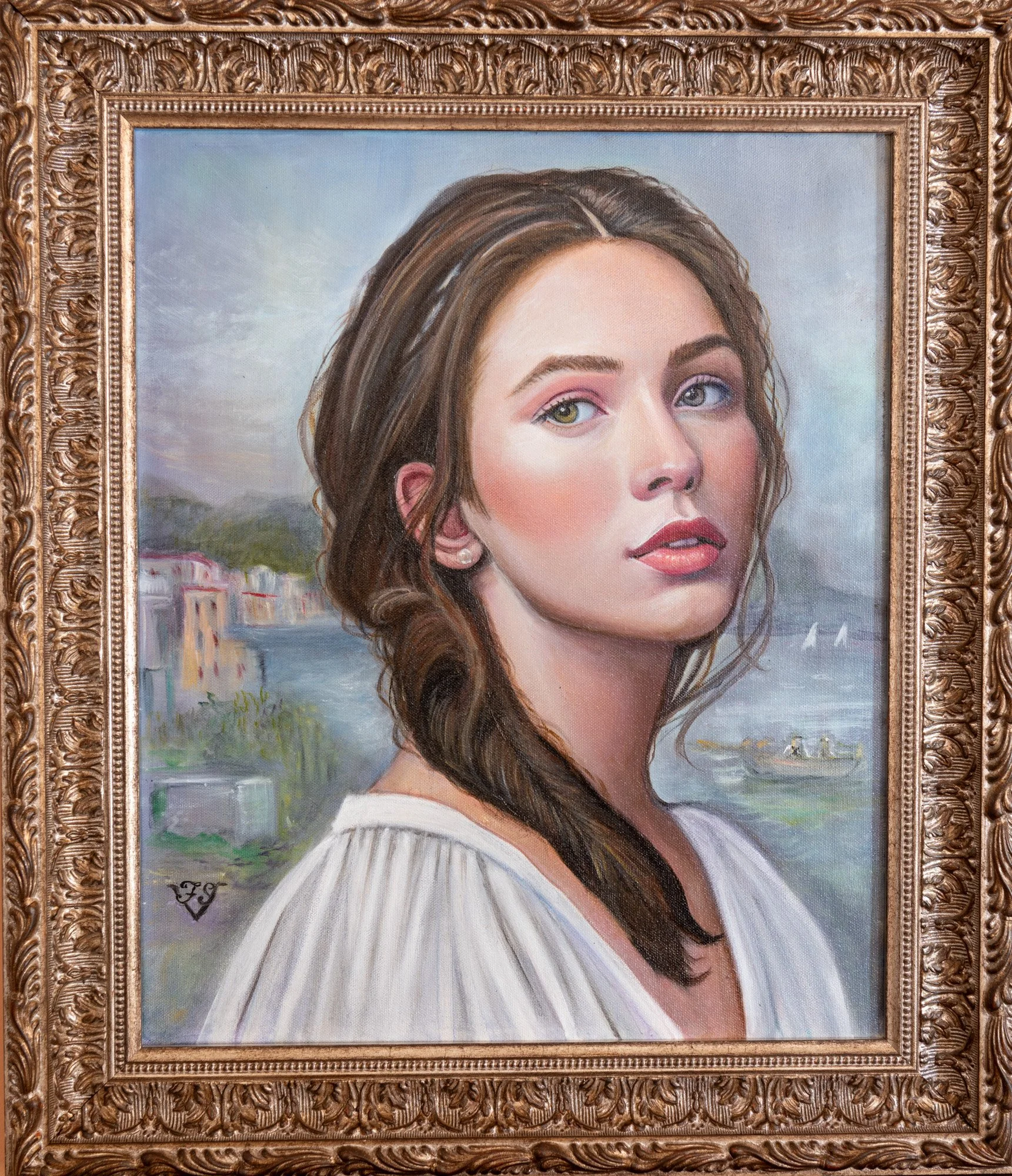 Oil portrait of a young woman in white, with a river and buildings in the background