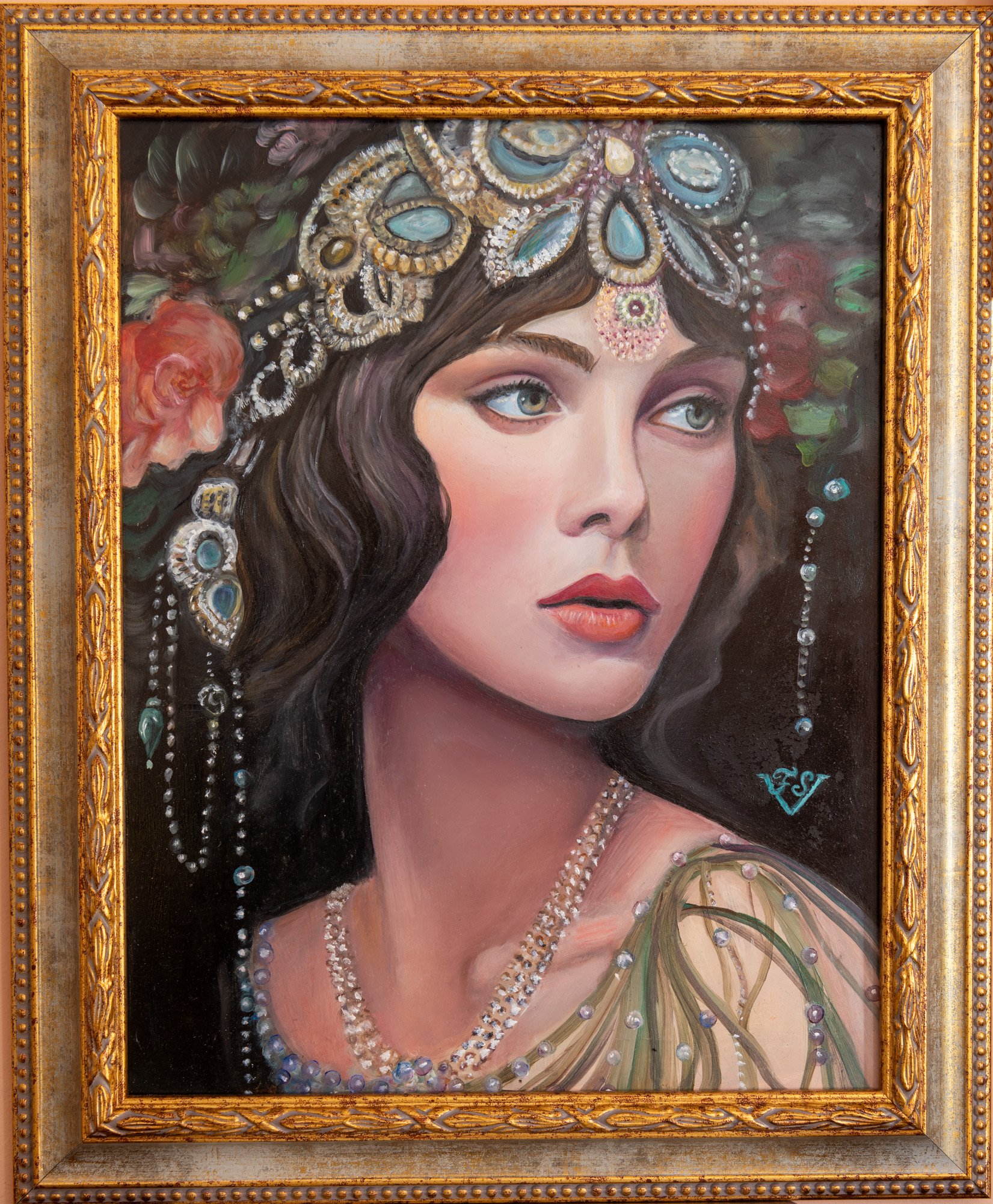 Oil portrait of a woman wearing a jeweled headpiece and pearl necklace, in a gold frame
