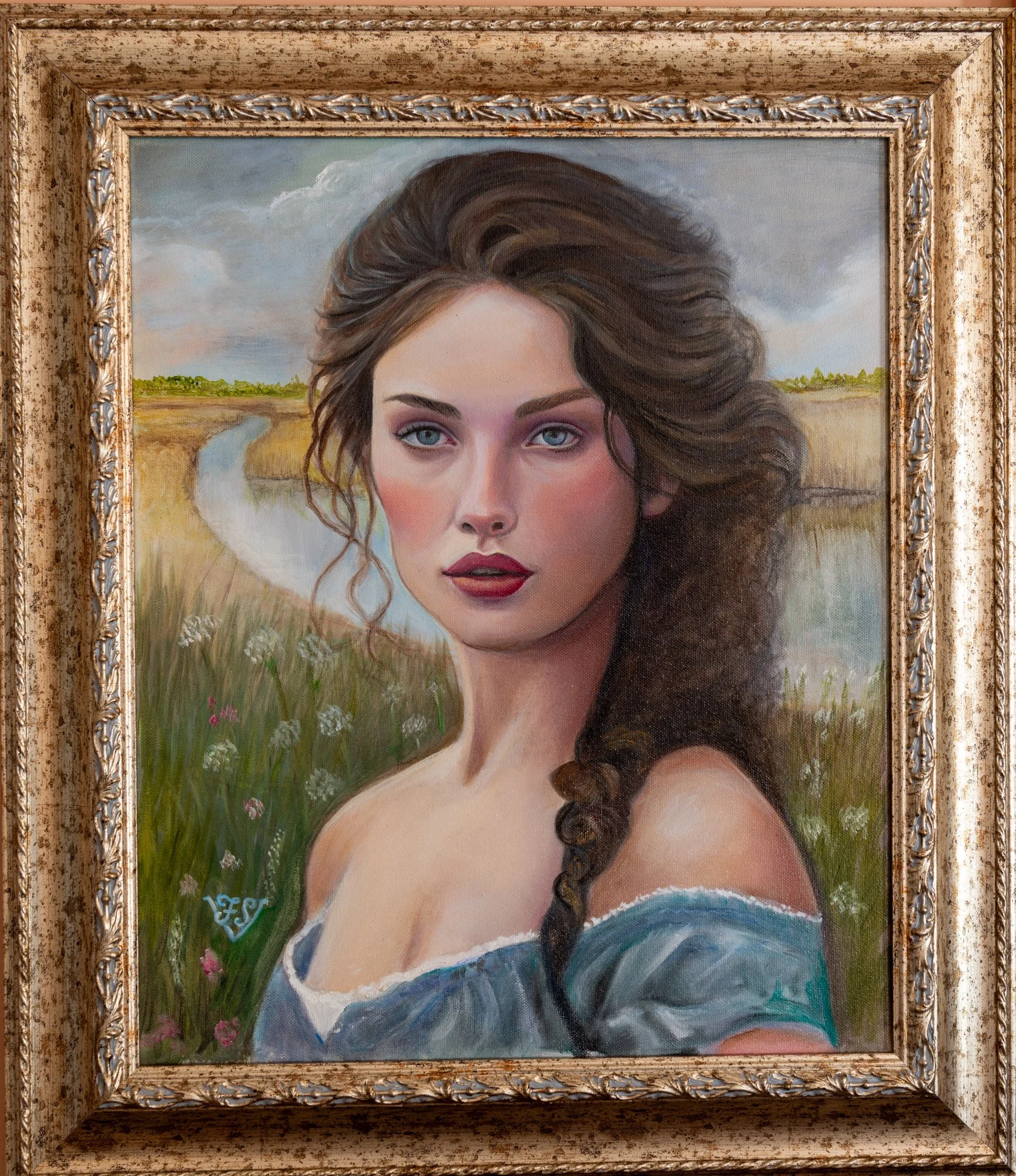 Oil portrait of a woman in a blue dress against a countryside landscape