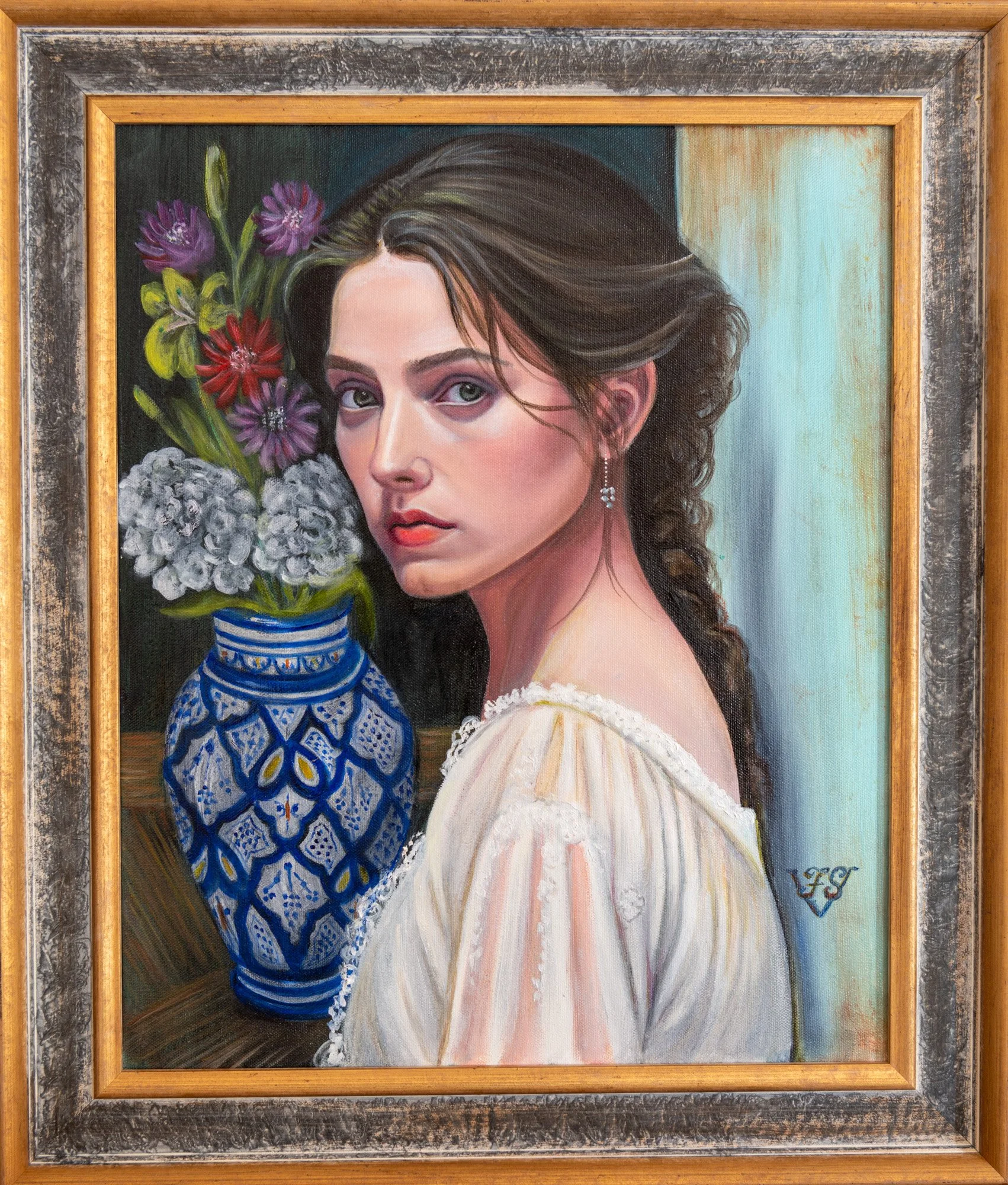 Oil portrait of a woman in a white lace dress beside a vase of flowers