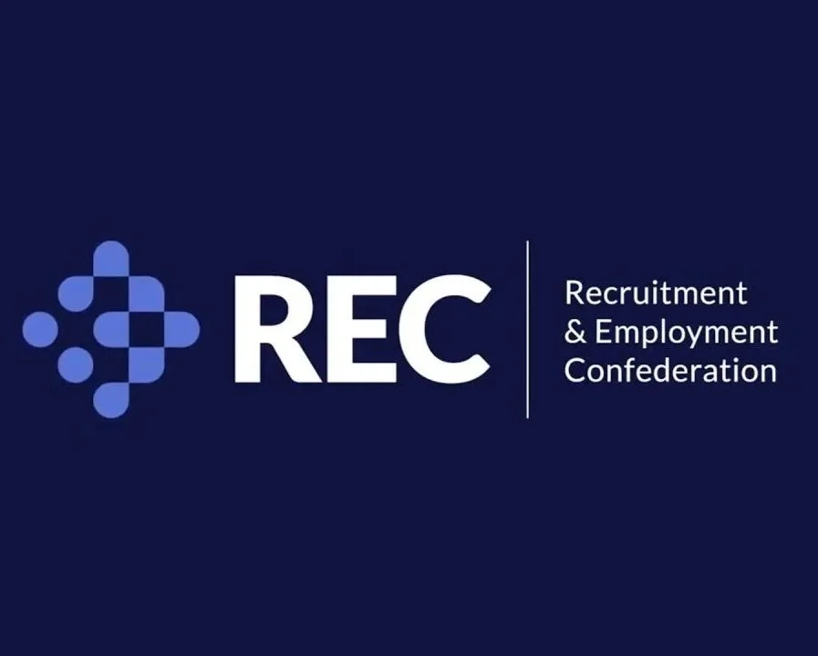 Logo of the Recruitment & Employment Confederation with the acronym REC and a digital matrix design on a dark blue background.